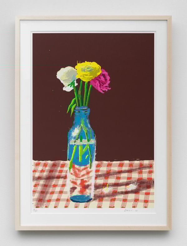 David Hockney - 23rd March, Flowers in a Milk Bottle, 2021, iPad painted printed on paper