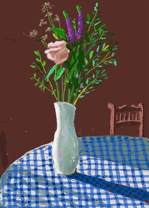 David Hockney - 4th February, Flowers in a Vase with Chair, 2021, iPad Painting Printed on Paper