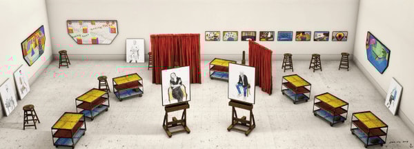 David Hockney - Seven  Trollies, Six and a Half Stools, Six Portraits, Eleven Paintings, and Two Curtains, 2018