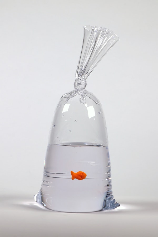 Dylan Martinez - Limited Edition Goldfish Cracker Water Bag (208), 2023, Hand blown glass sculpture with ceramic fish element