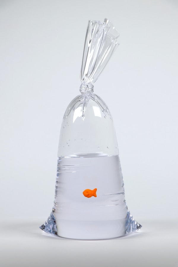 Dylan Martinez - Limited Edition Goldfish Cracker Water Bag (228)- large, 2024, `Hand blown glass sculpture with ceramic f...