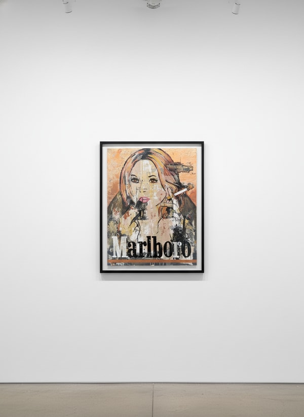 Jojo Anavim - Cowboy Kate Moss, 2024, Acrylic, Rose Gold Leaf Foil, Collage and Metal Flake on Canvas