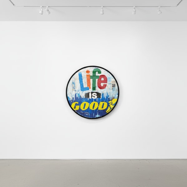 Jojo Anavim - Life is Good (Tondo), 2022, Acrylic, Collage and Heavy Texture on Wood Panel