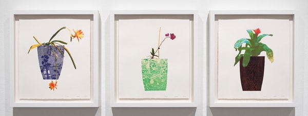 Jonas Wood - Three Landscape Pots : Night Bloom, Orchid, Bromeliad, 2019, Set of 3 etchings with collage and photolithogra...