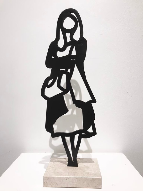 Julian Opie - Melbourne Statuettes: Cardigan, 2018, Freestanding patinated black bronze figure on Crema Grey light stone base