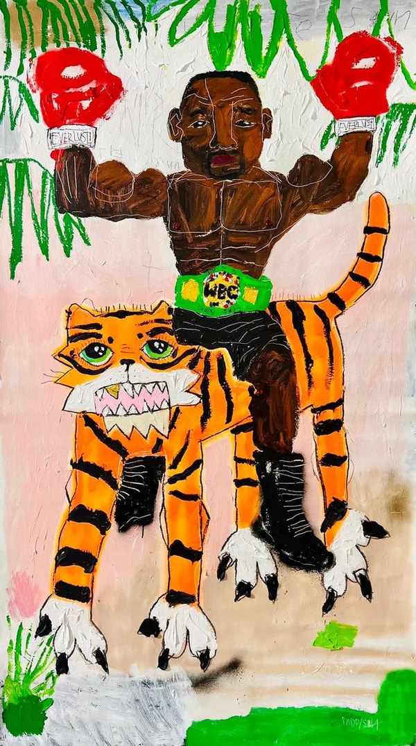 Nathan Paddison - Mike Tie Sun, 2023, Oil stick, matte vinyl acrylic spray paint, charcoal, and pencil on canvas