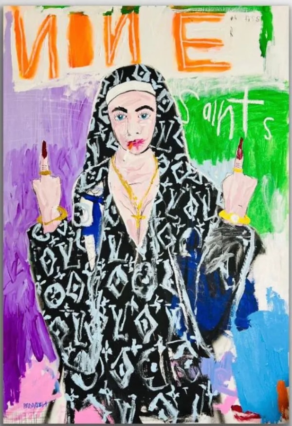 Nathan Paddison - None oh Fuss R Saints, 2022, Oil stick matte vinyl acrylic spray paint charcoal and pencil on canvas