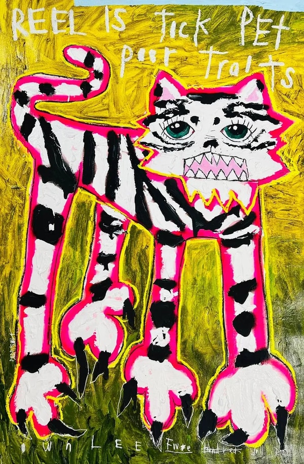 Nathan Paddison - Reel Is Tick Pet Portrait, 2023, Oil stick, matte vinyl acrylic spray paint, charcoal, and pencil on canvas