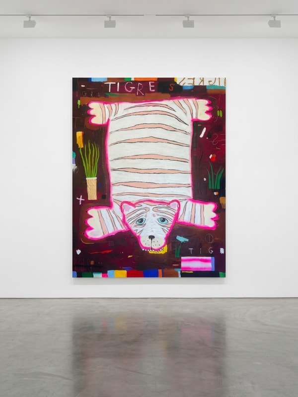 Nathan Paddison - TIGRE RUG (peach), 2026, Oil stick matte vinyl acrylic spray paint charcoal and pencil on canvas