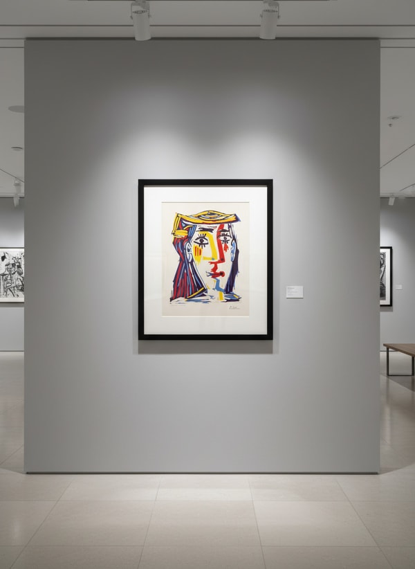 Pablo Picasso - Femme au Chapeau (Portrait de Jacqueline au chapeau de paille multicolore)., 1962