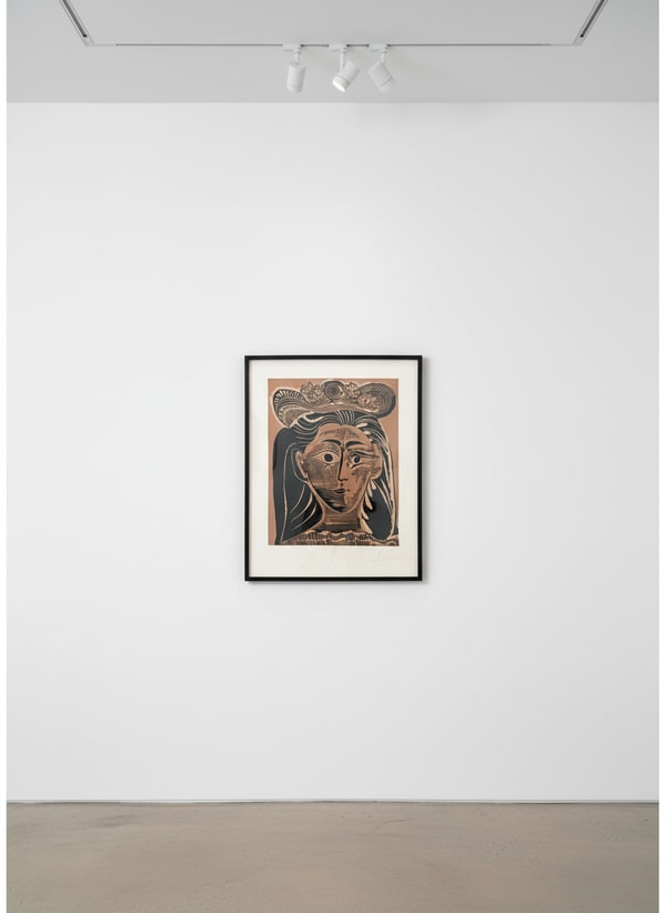 Pablo Picasso - Portrait de Jacqueline Au Chapeau De Paille Fleuri, 1962, Color linocut
Hand signed and numbered  in penci...