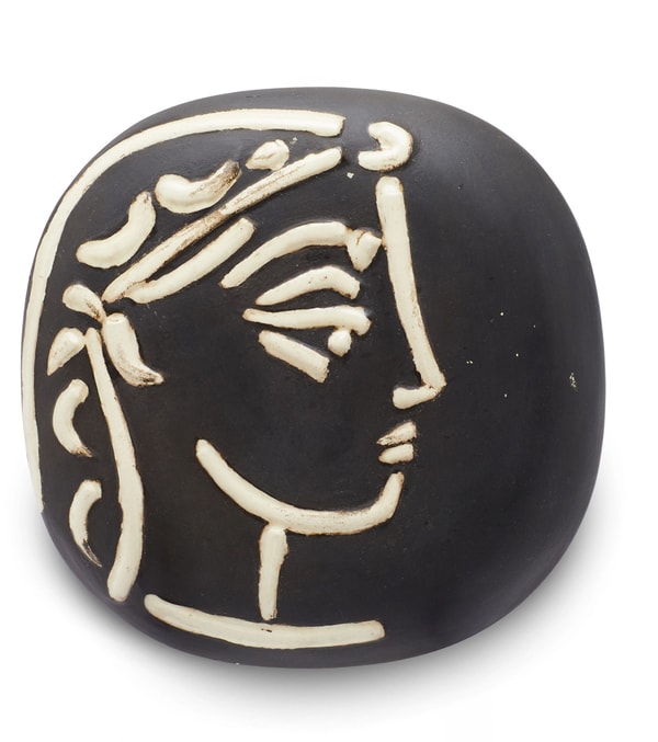 Pablo Picasso - Profil de Jacqueline, 1956, Madoura convex wall plaque of white earthenware clay, engraving accentuated wi...