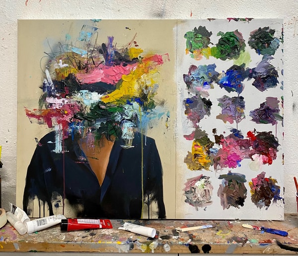 Sage Barnes - Untitled (Portrait & Palette), 2022, Acrylic & mixed media on canvas