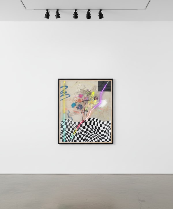 Vincent Chung - Held In Time, 2023, Acrylic, spray paint, oil sticks, chalk pastel, dirt and neon on sewn canvas and burlap