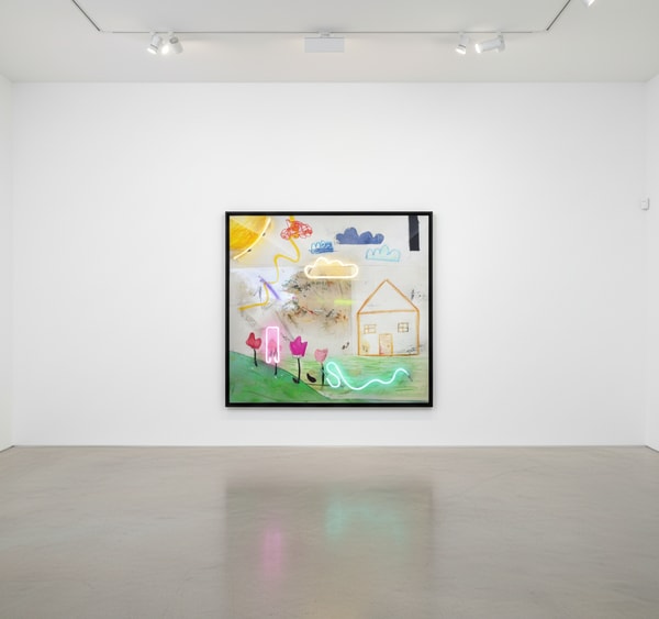 Vincent Chung - Sun Was High (& So Was I), 2020, Acrylic, engine oil, oil sticks, dirt, scotch tape, irrigation strings. p...