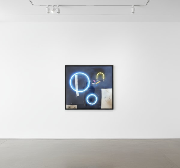 Vincent Chung - What Is Feared Is Like A Magnet, 2020, Acrylic, olive oil, pastel, pen and neon on sewn dyed canvas