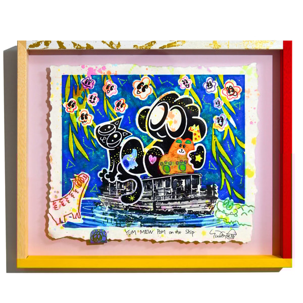 Yusuke Toda - YUM, MEW, POM on the Ship, 2025, Mixed media on U.S. cotton paper, 
framed with an original frame.